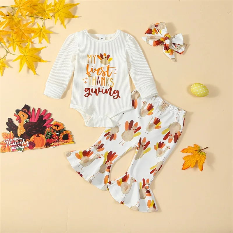 

Baby Girls Fall Outfit, Long Sleeve Letters Print Romper with Turkey Print Flare Pants and Headband Thanksgiving Clothes