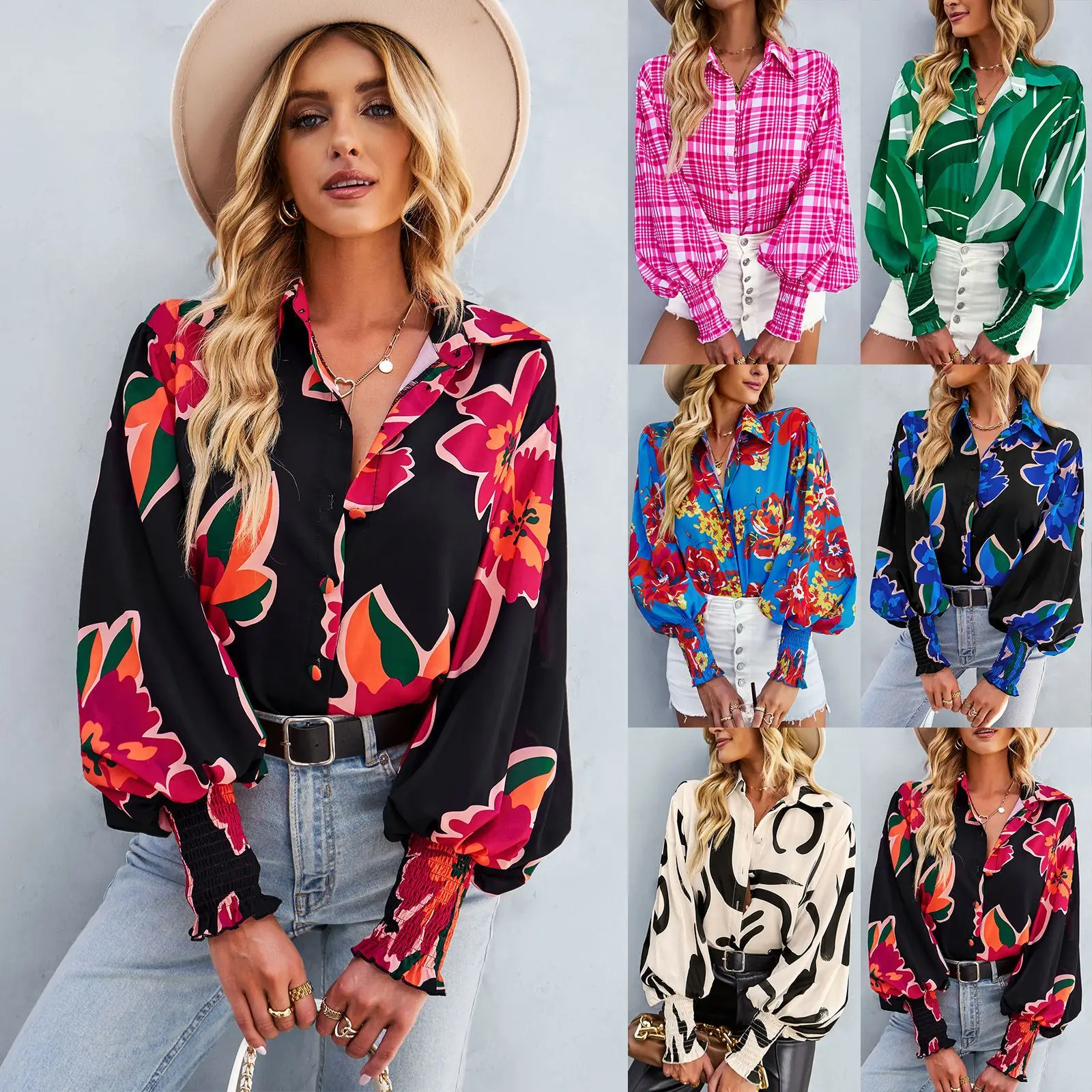 

Women's Shirt Spring Summer Contrast Printed Lady's Long Sleeve Tops Vacation Style Women's T-shirt Casual Loose Women's Blouse
