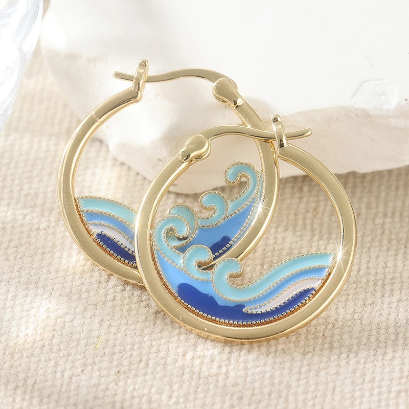  Delicate Round Geometry Sea Wave Hoop Earrings For Women Fashion Gold Color Hoop Earrings Jewelry Accessories