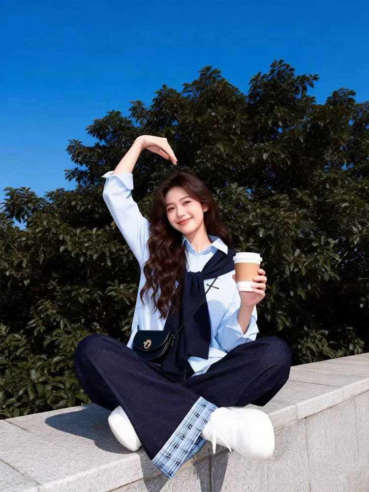 

Blue Plaid irt And oulder awl Denim Pants Set Vintage Spring Faionable Ensemble Korean College Sle Tee-Piece Suit