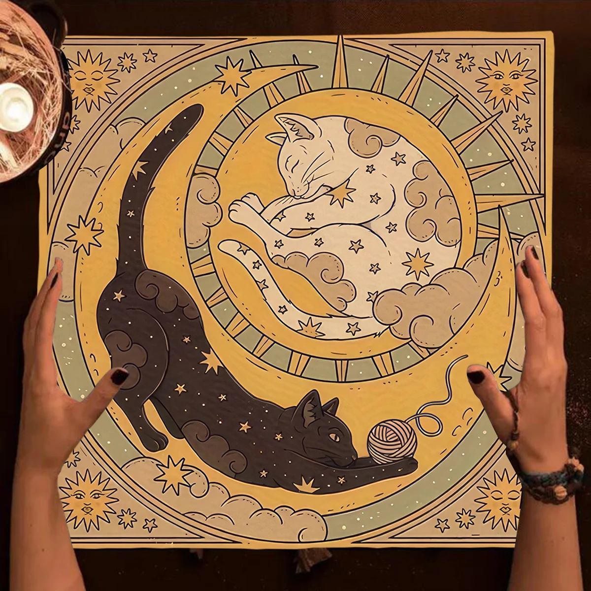 VIKAMA Esoteric Black Cat Tarot Tablecloth Star Moon Waterproof Dining Table Decor & Accessories Ritual Altar Theme Decor view 3