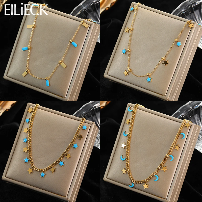 

EILIECK 316L Stainless Steel Gold Color Star Moon Geometric Link Chain Necklace For Women Fashion Jewelry Girls Birthday Gifts