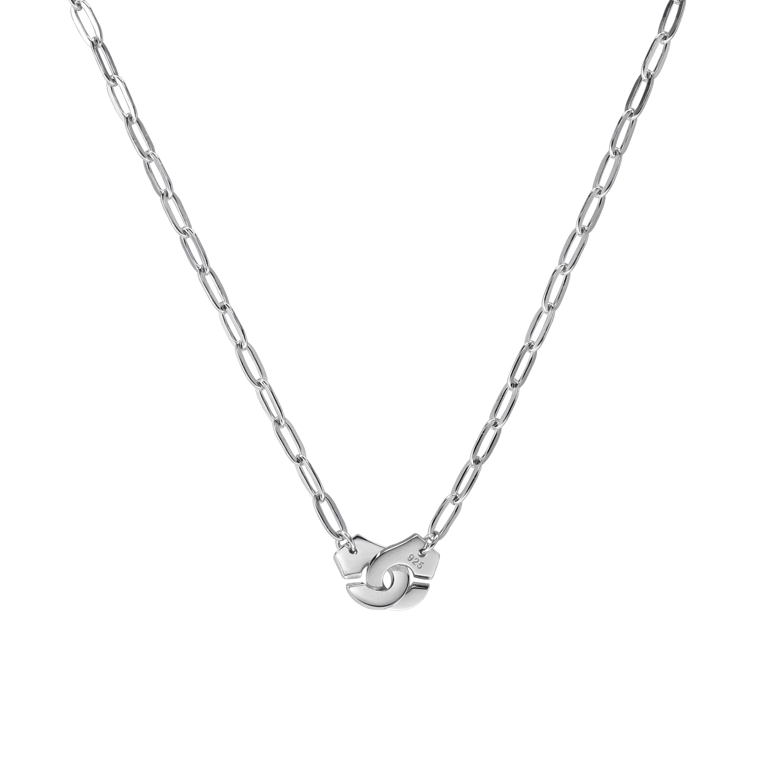 

Серебряное колье 925 пробы с глянцевым покрытием, подвеска в виде наручников, цепочка-скрепка для женщин, модный дизайн с уникальным креативным узором в виде замка.