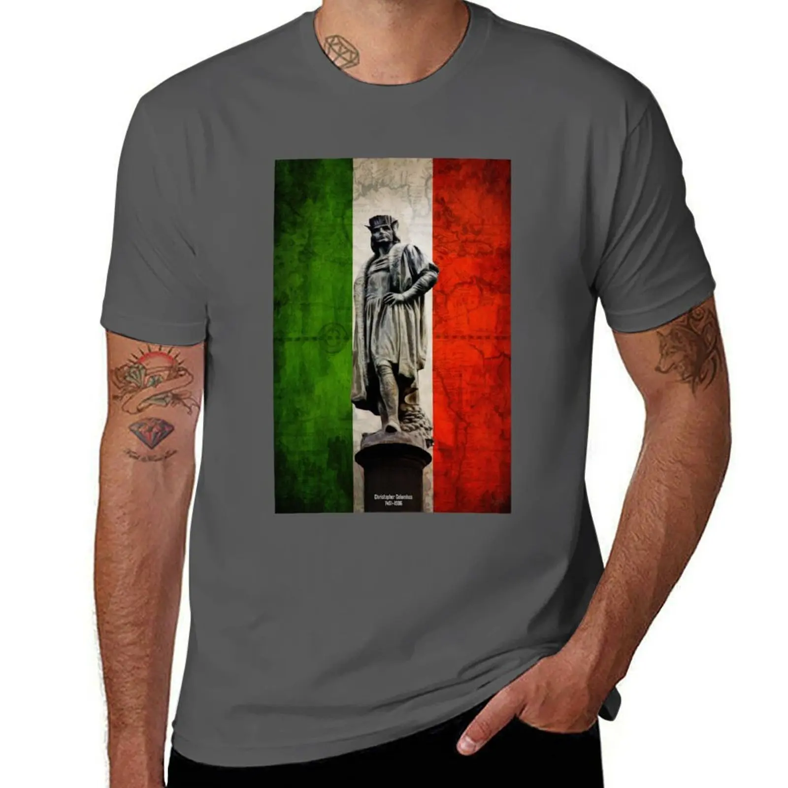 

Christopher Columbus Statue with Italian Flag T-Shirt man t shirts graphic funny t shirts dark humor T-Shirt