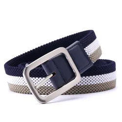 2023 Double Sided Braided Elastic Belt Premium Quality Fashion Accessories Stretch Fabric Golf Leather For Men Silvery Buckle