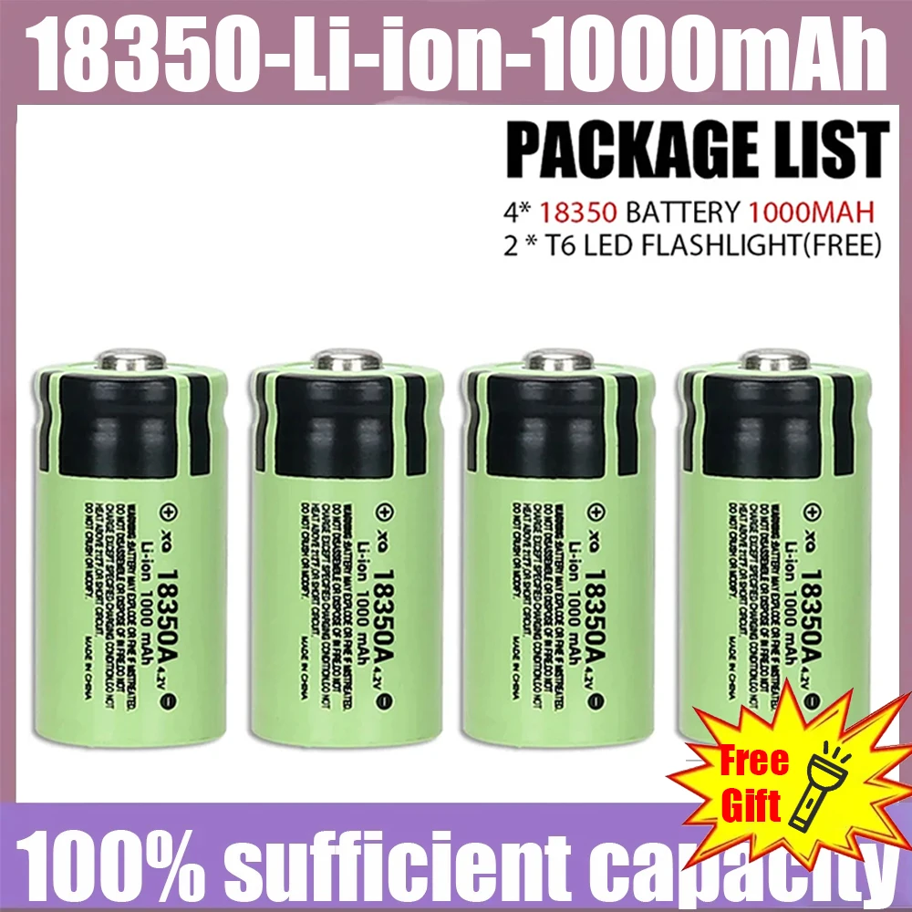 Brand New 100% Original 18350 Battery 4.2V 1000mAh Discharge 18350 Li-ion Battery Rechargable Battery with Free LED Flashlight