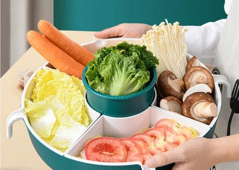 

Вращающаяся сливная корзина, блюдо для горячего горшка, двухэтажная домашняя кухня, ингредиенты для еды, корзина для овощей, пластиковая тарелка с фруктами