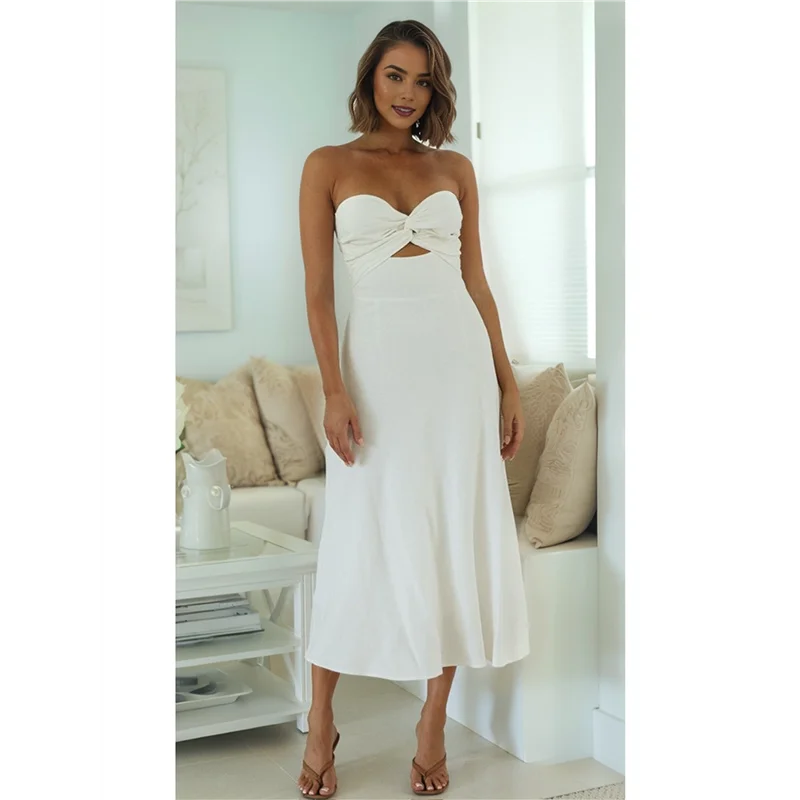 ASDS-vestidos por debajo de la rodilla con escote corazón y tirantes en la parte delantera para mujer, vestido de lino con tubo recortado ahumado para invitados de boda