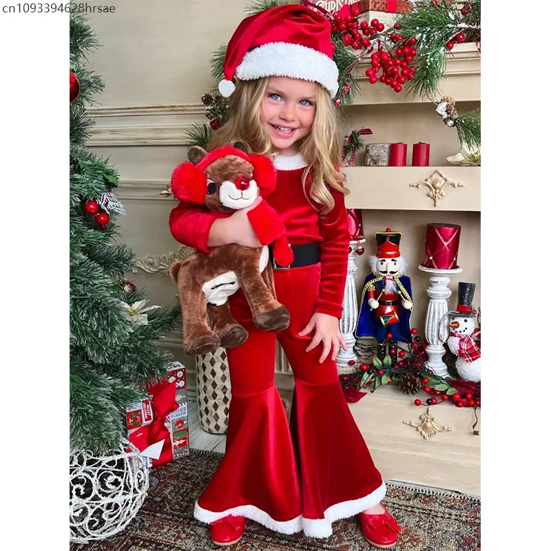 2025 nova chegada criança roupa de férias de ano novo pequeno ajudante do papai noel traje meninas vermelho pequeno santa veludo sino inferior conjunto