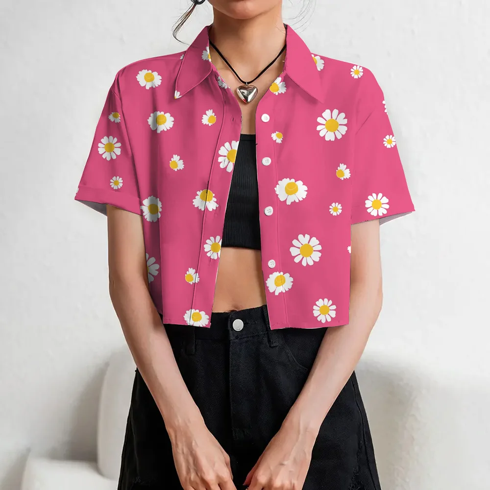 3D Flower Printed Button Front Shirt Fashion Casual Short Sleeve Crop Shirt Slim Fit Navel Exposed Shirt Women's Clothing Summer