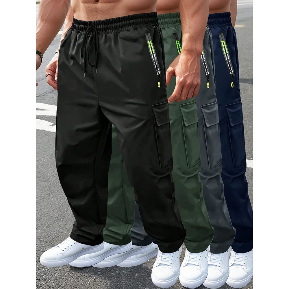 

Trendy Men's Casual Pants Loose Fit Dstring Workwear Sports Versatile Long Trousers Straight Leg Polyester Fiber Summer