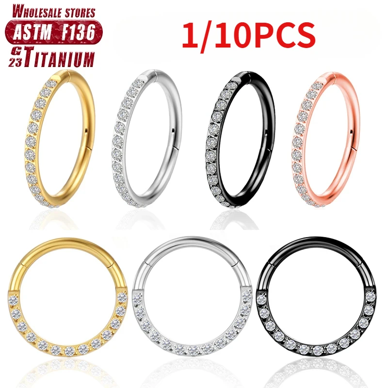 1/10PCS F136 Titanium Piercing Zircon Nose Ring Septum Clicker Round Earrings Hinged Segment Tragus Piercing Jewelry Wholesale