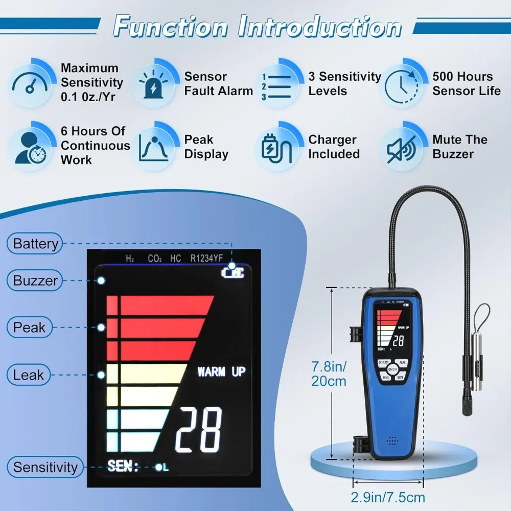 LD-200 كاشف تسرب المبردات المحمول محلل غاز الهالوجين لاختبار CFC/HFC/HCFC /r134a ، كاشف تسرب الميثان مع إنذار