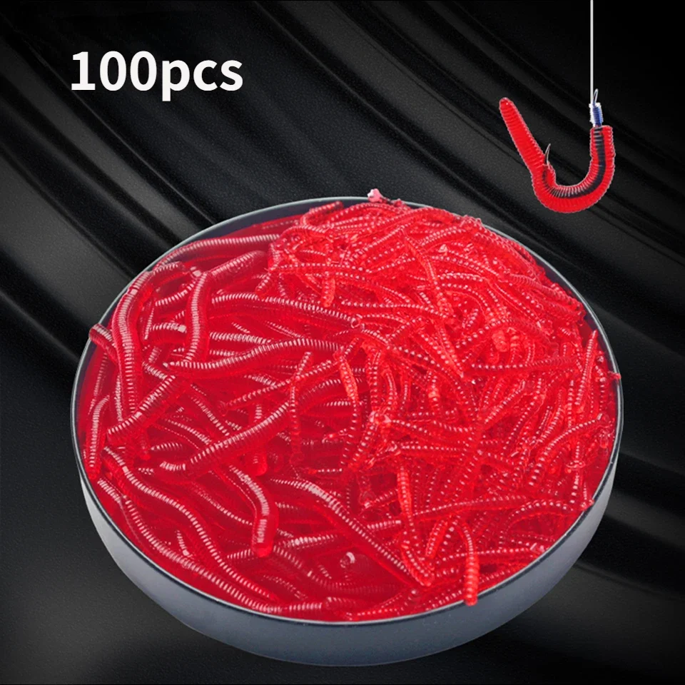 Esca da pesca in Silicone con verme rosso realistico, lombrico morbido, esca artificiale con additivo per gamberetti di pesce, accessori per la pesca, 100 pezzi