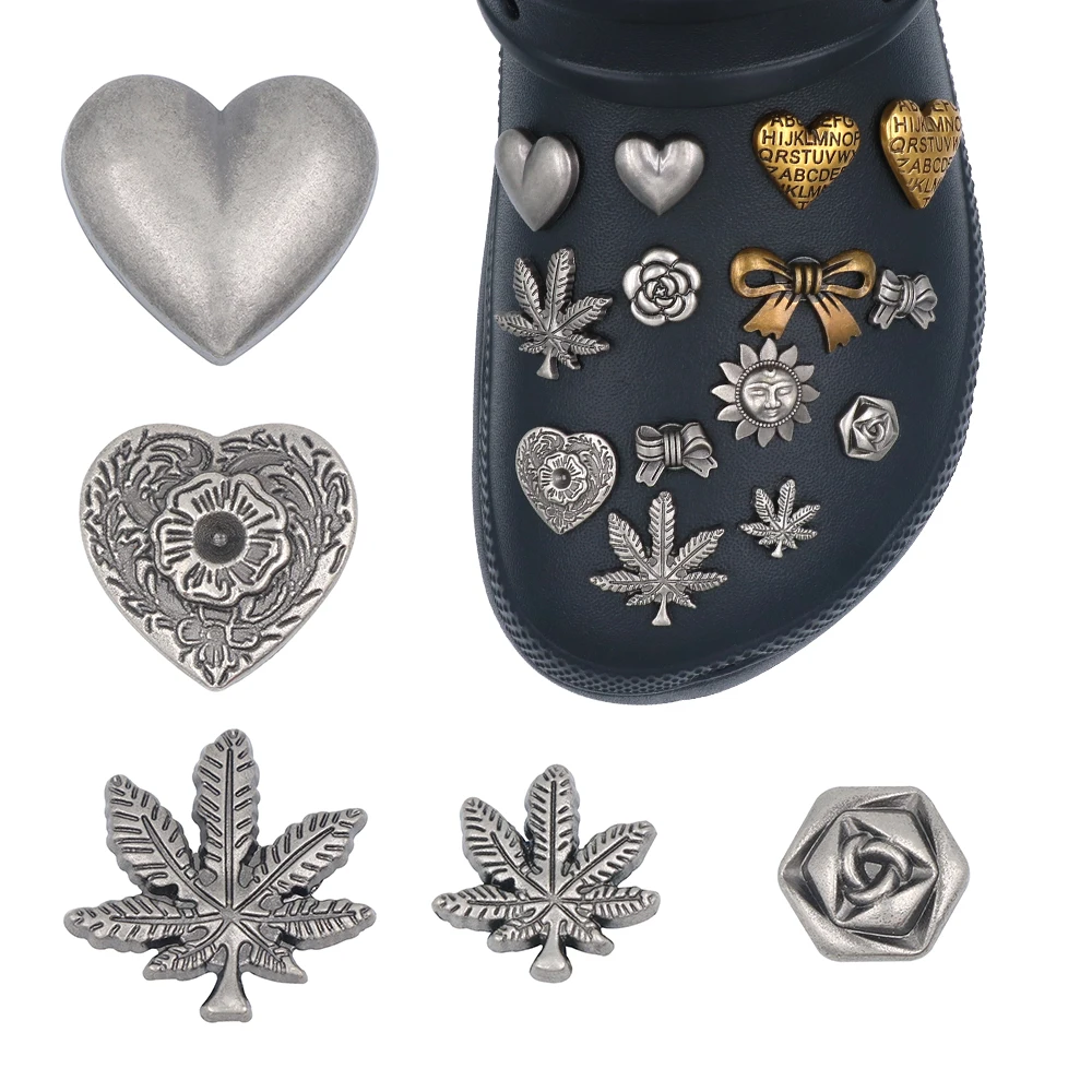 1 Pc Shoe Accessories クロクス Metal Punk Style Charm Gold Silver Leaves Butterfly Heart Shape Shoe Decorations Buckles