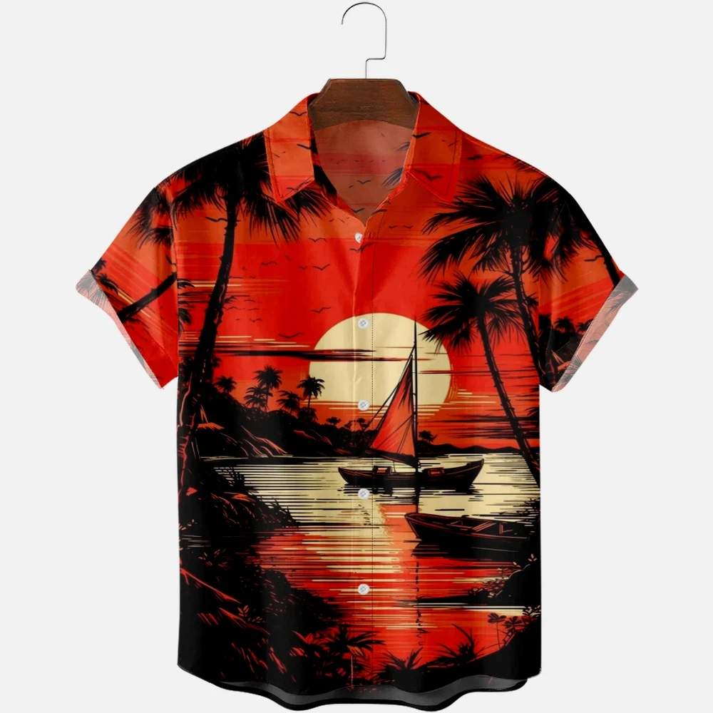 

Hawaiian Shirts for Men Red Sunset Print Short Sleeve Shirts Sailboat Beach Vacation Tops Breathable