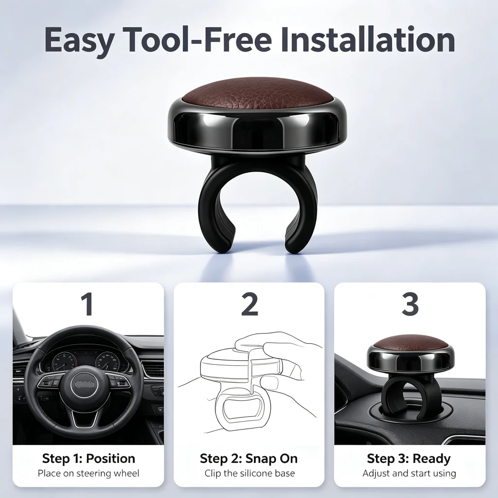 Car Steering Wheel Spinner Knob Premium Leather Chrome Finish Anti Slip Auxiliary Power Handle Booster Ball For Car Truck SUV
