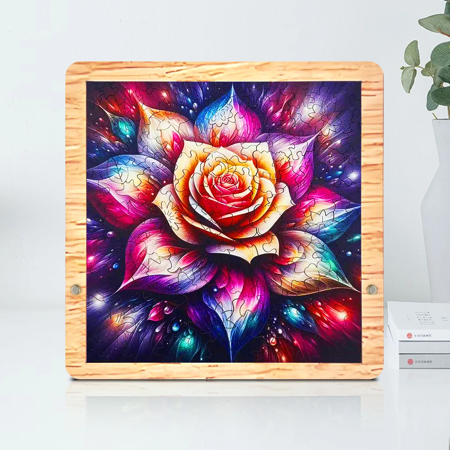 Colorful Flower Wooden Puzzle Art, Difficult Jigsaw Puzzle with Wooden Frame, Unique Irregular Shape Puzzle Game for Adults