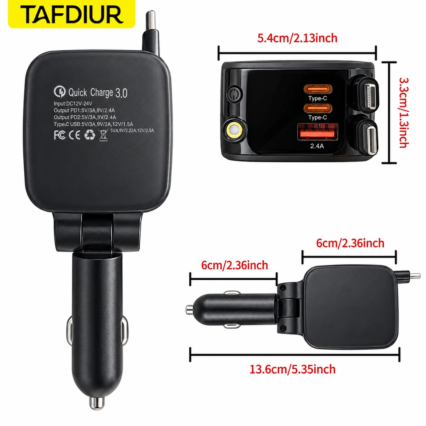 Tafdiur 1 Piece Black Abs Material 66W Fast Charging 3Usb Ports + 1 Type-C + 1 Apple Port Car Cigarette Lighter Charger Splitter, Five-In-One Retractable Car Charger, with Red Starry Sky Ceiling Light, Fast Charging with Voltage Display, Suitable for Iphone/Huawei/Samsung