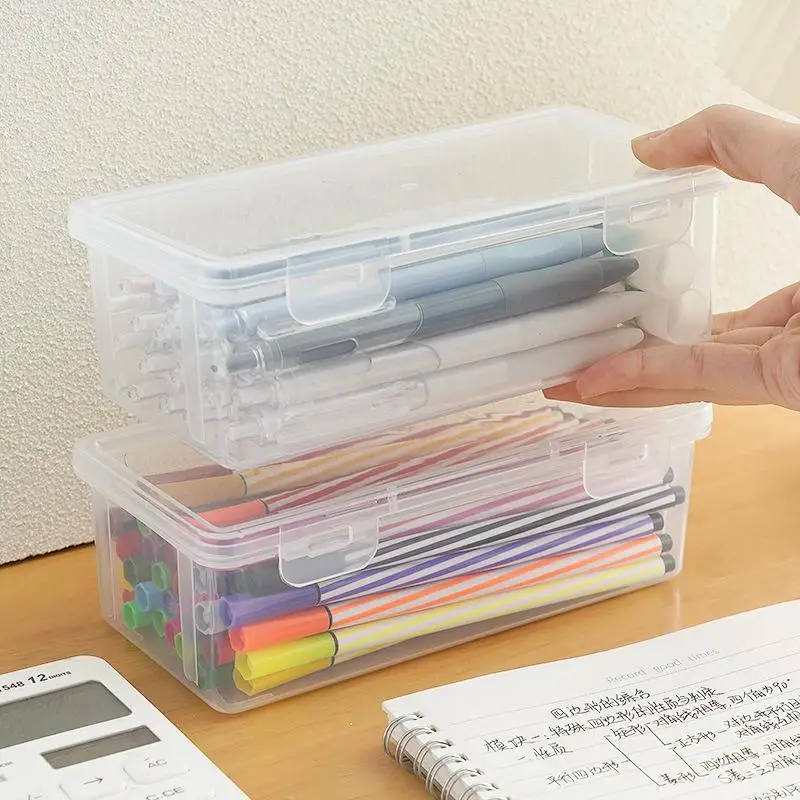 Black Transparent Plastic Storage Box With Lid For Pens, Pencils, Markers, School Supplies & Office Organization, Desk Organizer
