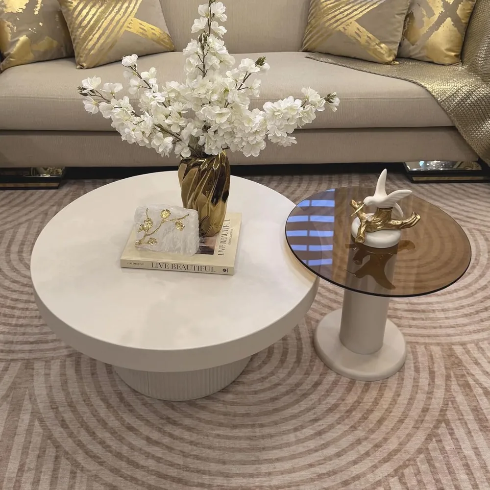 ラウンドネストコーヒーテーブル、クリーミーホワイトのかわいいセンターテーブルと強化ガラスサイドテーブルセット、リビングルーム用のモダンなエンドテーブル