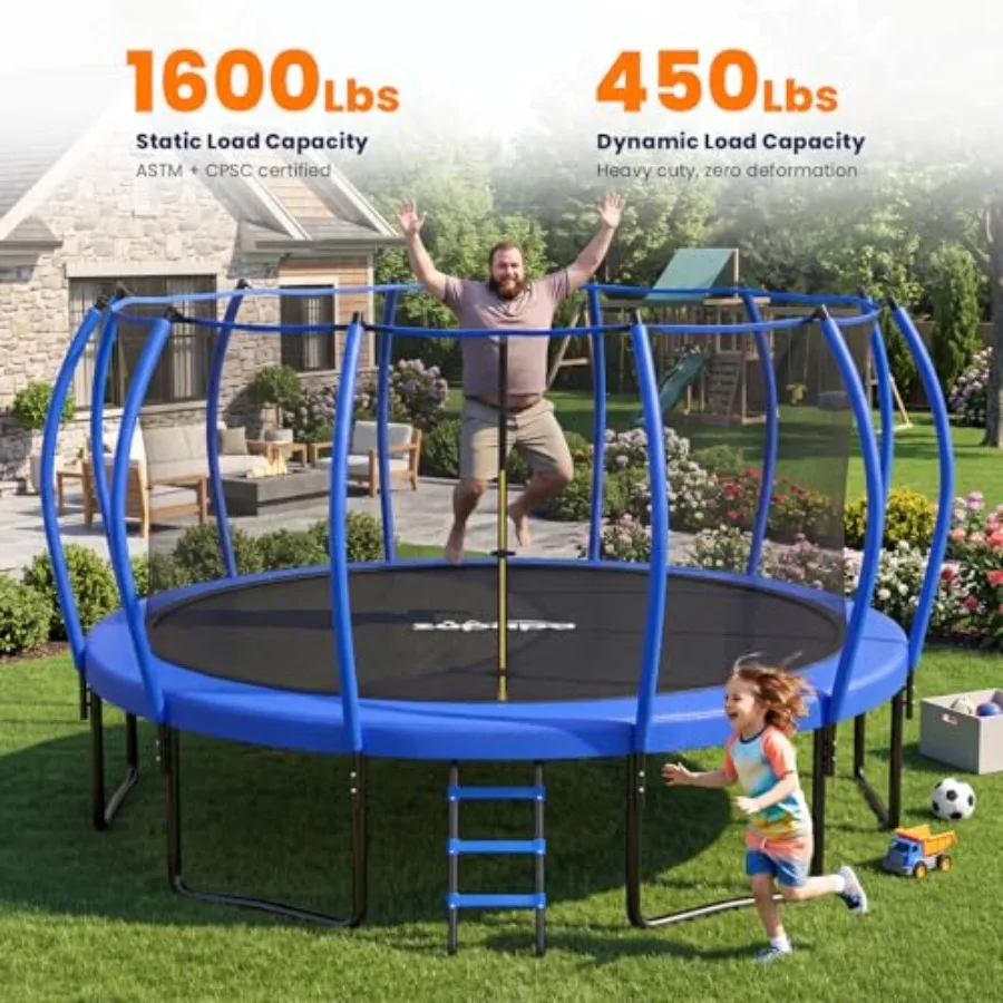 Outdoor backyard trampoline with steel frame black safety net no-gap design 1600LBS capacity non-slip ladder 10-year warranty