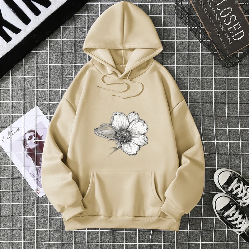 2025 Felpe con cappuccio da donna stampate semplici e bellissime girasole Felpa con cappuccio in pile Harajuku Moda abbigliamento sportivo allentato Tasca Autunno Abbigliamento donna