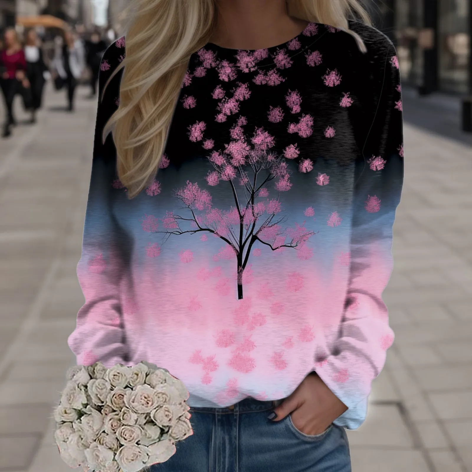 Artistic Floral Gradient Print Women's Sweatshirt 2023 Autumn Winter Long Sleeve O-Neck Pullover Tops Casual Loose Streetwear