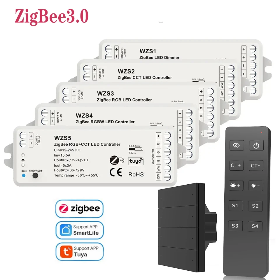 

ZigBee 3.0 LED Controller DC12V-36V Tuya APP Voice Smart Control for RGB, RGBW, RGB+CCT, CCT,single Color LED Strip