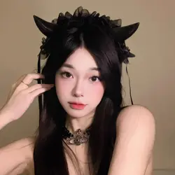Demon Horn Dark Devil Gothic Dead Hair Lolita Multi-layer Lace Woman Headdress Halloween Black White Sister Hairband
