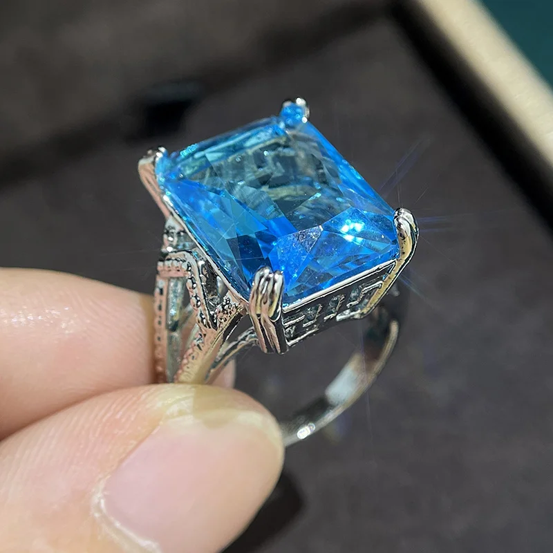 New Creative Large Rectangular Blue Zircon Women\'s Ring Jewelry Wholesale