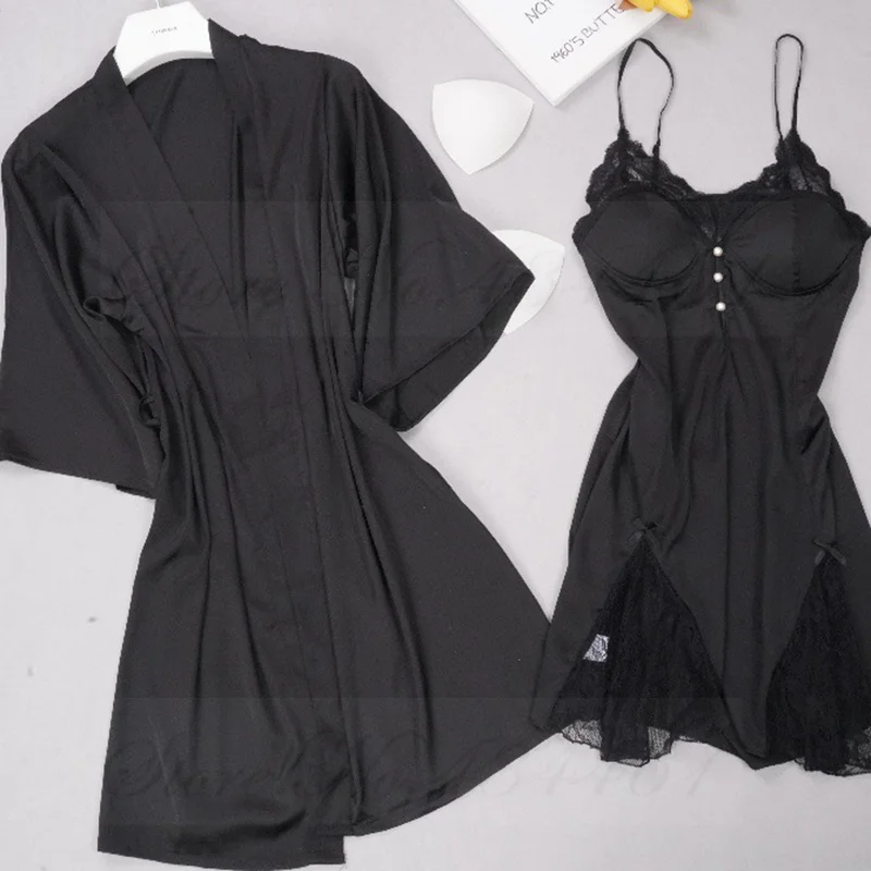 

Summer Kimono Bathrobe Gown Women 2PCS Robe Set Sexy Patchwork Lace Nightgown Intimate Lingerie Sleepwear Loose Satin Home Dress