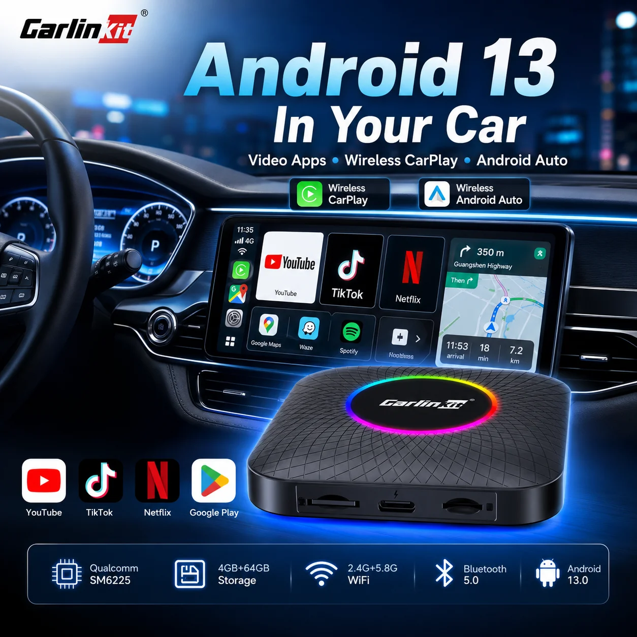 Carlinkit Android 13 AI Box for Wired CarPlay Cars Wireless CarPlay Wireless Android Auto Adapter 4GB+64GB 8GB+128GB Google Play For Netflix YouTube For TK Dual Bluetooth GPS 5.8GHz WiFi Car Multimedia Video Streaming Plug and Play