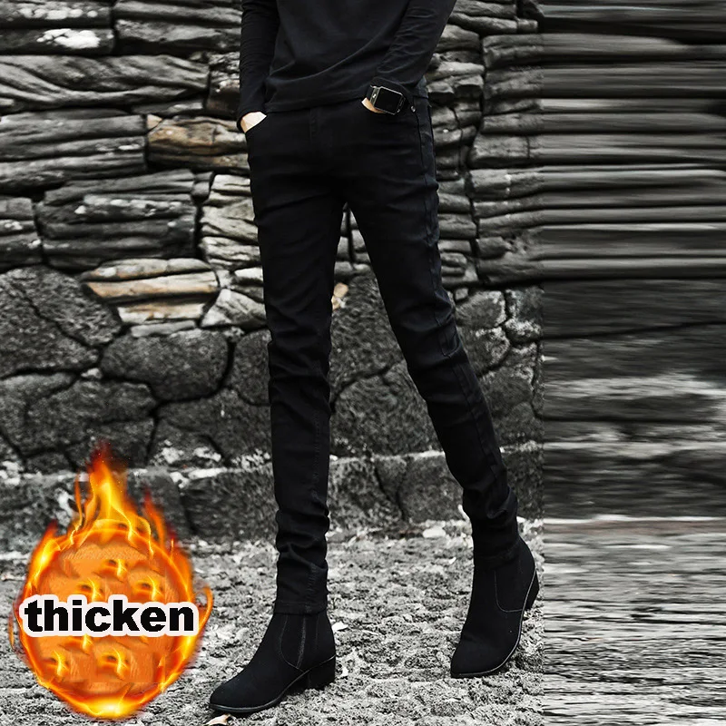 

Wholesale 2022 Black Teenager Plus Velvet Jeans Men's Autumn Winter Slim-fitting Pants Thick Stretch Cotton Casual Pencil Pants