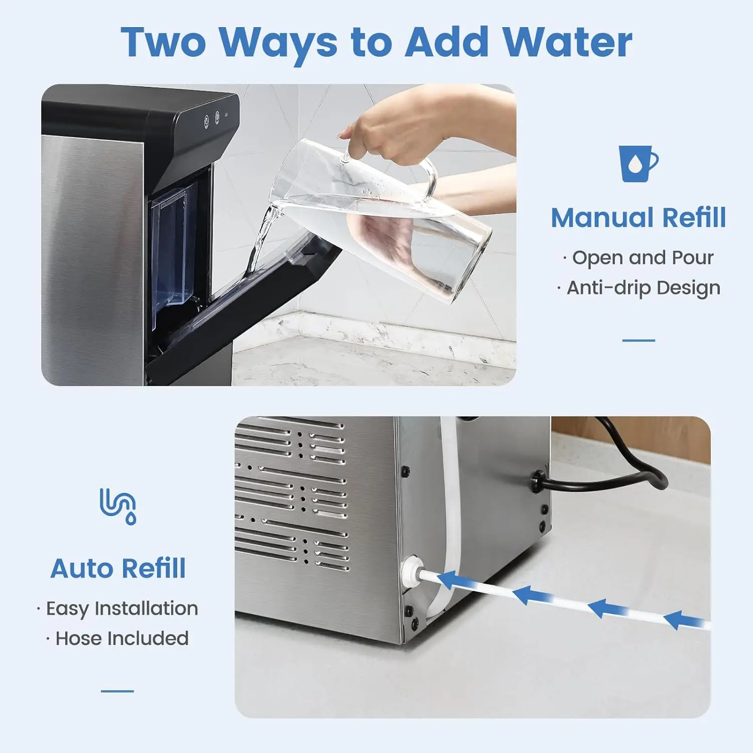 جيفي V2.0 كونترتوب جيمي ناجيت صانعة الثلج |   آلة تصنيع ثلج الحبيبات ذاتية التنظيف |   الإسكان الفولاذ المقاوم للصدأ | 16.7 بوصة ارتفاع يناسب تمامًا