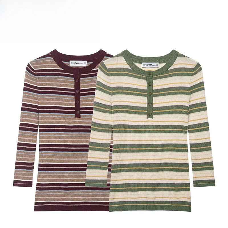 

Spring New ZR Women's Fashionable Stripe Knitwear Casual Versatile Design Polyester Fiber round Neck Skin-friendly Breathable