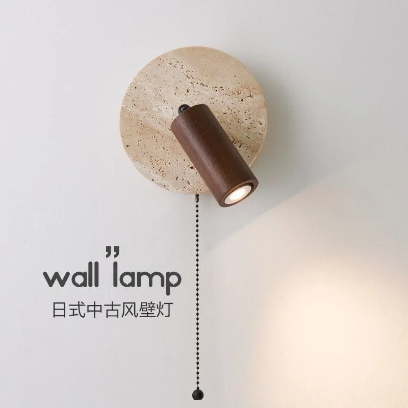 

Japanese Mid Century Travertine Wall Light with Spotlight Switch Rotatable LED Bedside Master Bedroom Study Decor Novelty New