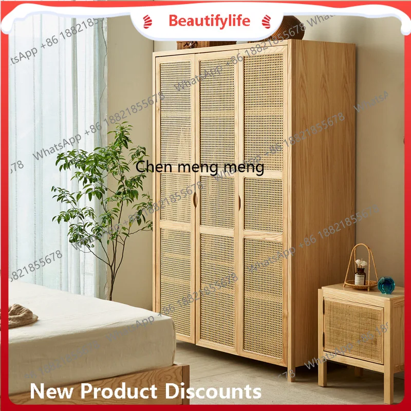 

Nordic rattan solid wood wardrobe household ash wood, behind the locker, bedroom sliding door H