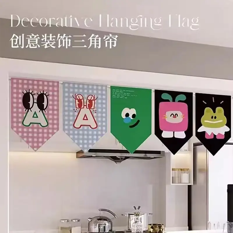 VIKAMA Korean-Style Cute Cartoon Triangle Pennant Curtain, Kitchen Fabric Curtain, Entryway Home Decor