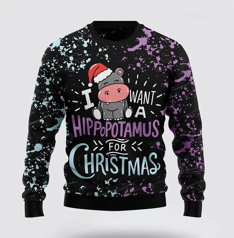 Graffiti Printed Ugly Hippo Sweater Fashion Street Christmas Men Women Pullover Top Funny Animal Personality Hip Hop Sweatshirt