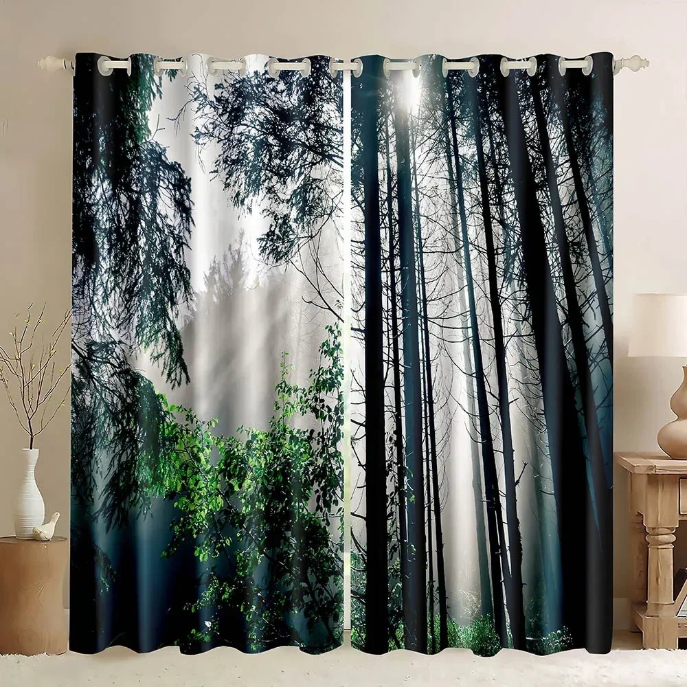 Thermal Insulated Window Curtain Misty Forest Smoky Mountain Fog Tree Light Blocking Blackout Curtains for Bedroom Living Room