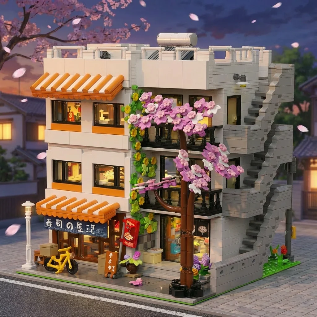 Ensemble de blocs de construction de magasin de sushis et immeuble d'appartements, 3911 pièces, modèle modulaire d'architecture japonaise avec vue sur rue, maison à fleurs de cerisier, kit avec 5 figurines et éclairage LED, briques à assembler soi-même, jouets pour adultes, cadeau, ornement de bureau, collection, décoration intérieure