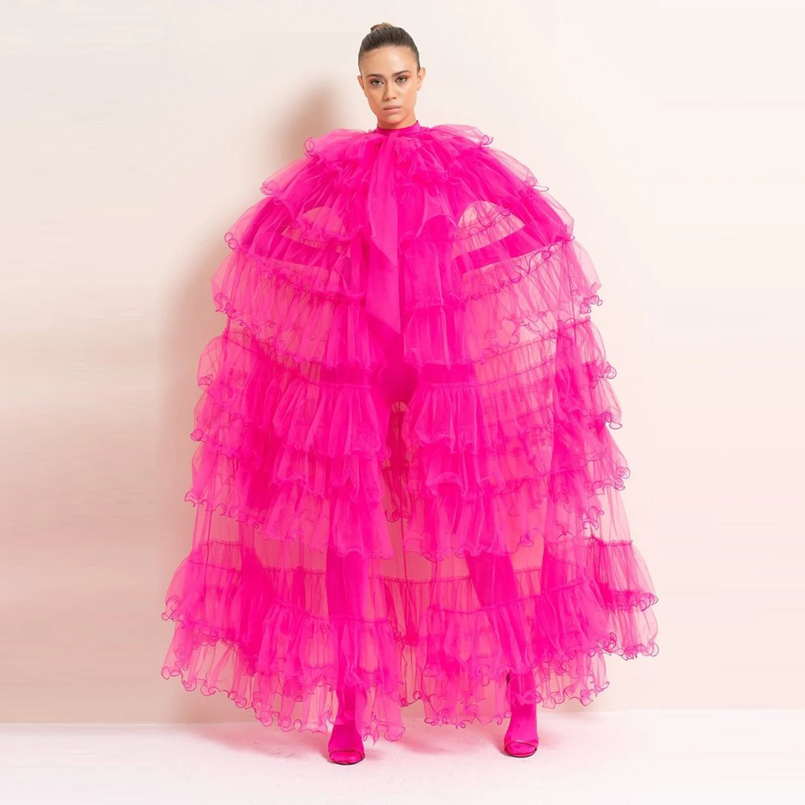 تكدرت المتدرج تول على التفاف كيب نمط المرأة ملابس رسمية بقماش شفاف الصيف فستان ماكسي مثير انظر من خلال فستان حفلة موسيقية #3