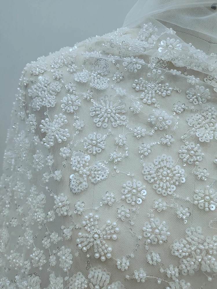 Custom Made Full Beaded Embroidered Material Accessories Illusionary Sequin Mesh Wedding Dress Floral Fabric