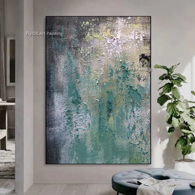 New Design Handpainted Green Balck Thick Canvas Oil Painting Abstract Gray Green Artwork For Living Roon Decor As Gifts For Love