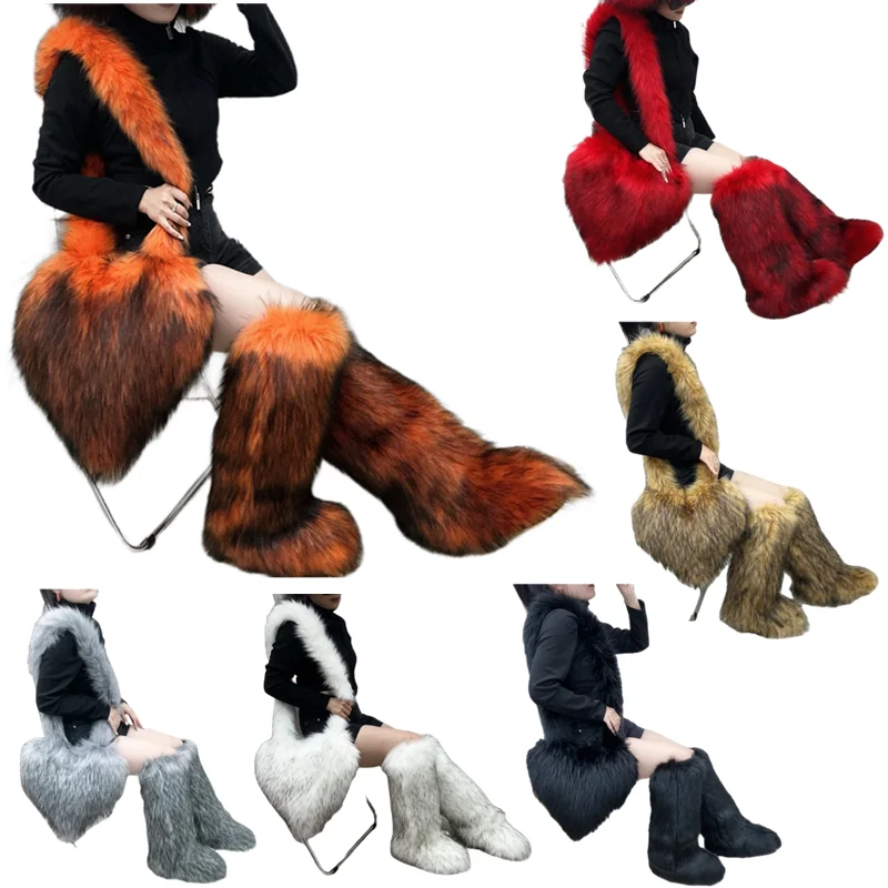 

Hot Sale Ins Fashion Long Women Furry Boots Bags Set Winter Knee Length Keep Warm Ladies Snow Boots