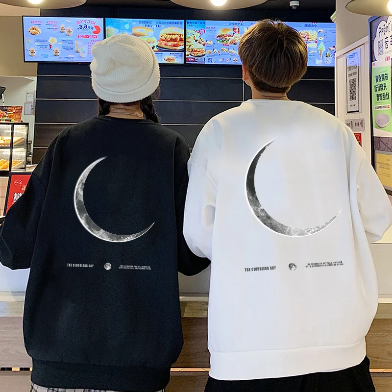 2023 New Moon Print Round Neck Men Women Hoodies Sweatshirt 500g Cotton Autumn Winter Pullover Streetwear For Couple Costume