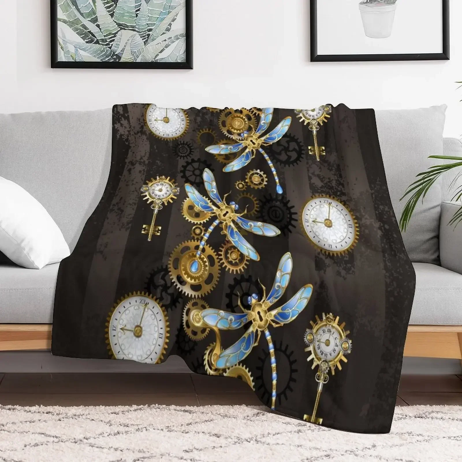 

Steampunk Dragonflies on grunge background Throw Blanket blankets ands Decorative Sofas Blankets
