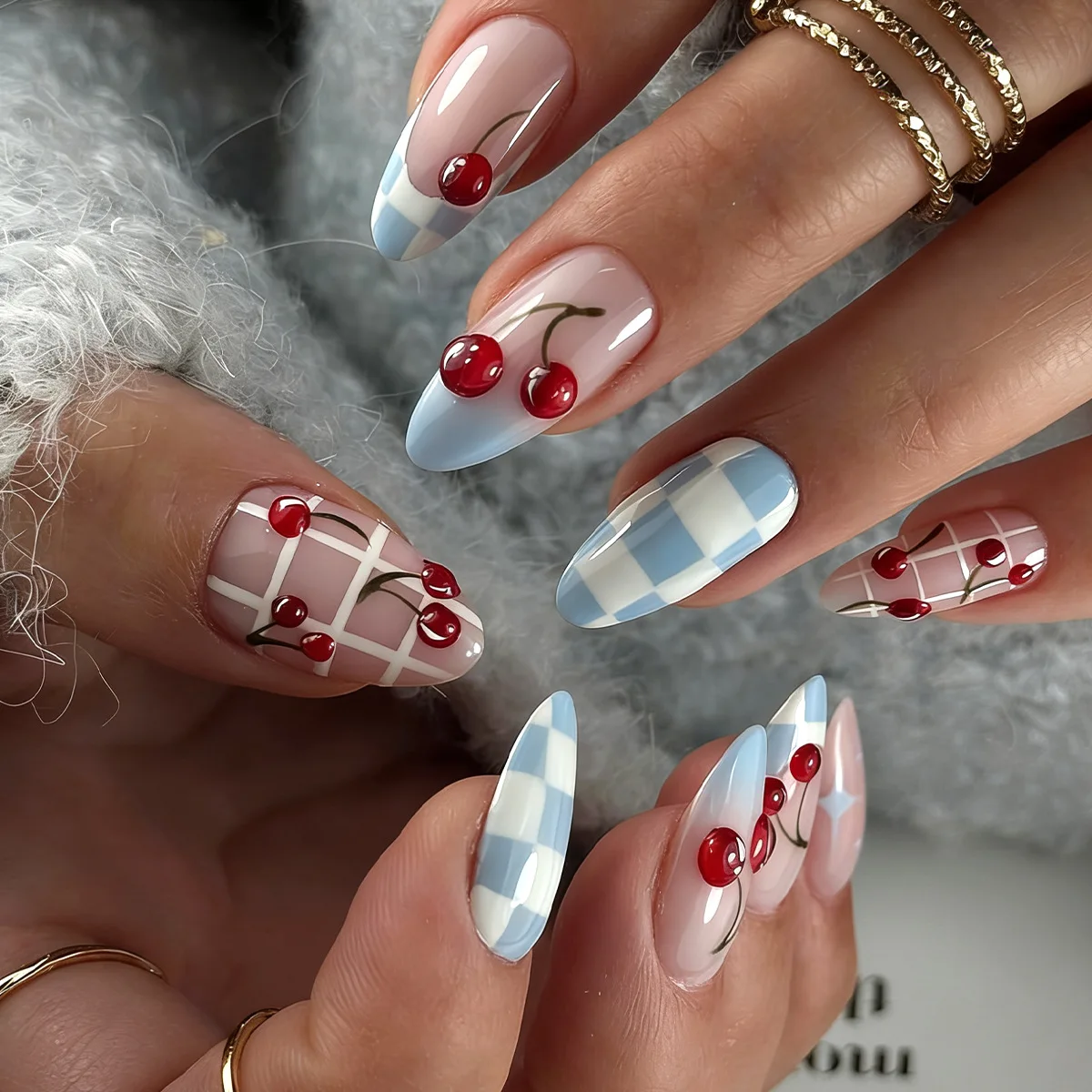 24PCS Almond Pink Blue Fake Nails Checkered Cherry Print Sweet Coquette Style Press on Nails Reusable False Nails for Daily Wear