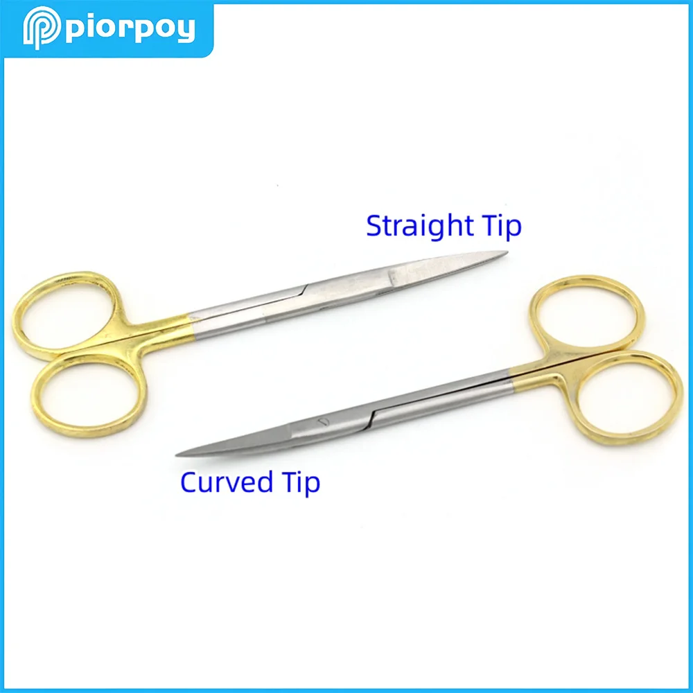 PIORPOY Dental Surgical Scissors Straight/Curved Tip Stainless Steel Gold Handle Scissors 11.5cm Dentistry Surgical Instrument